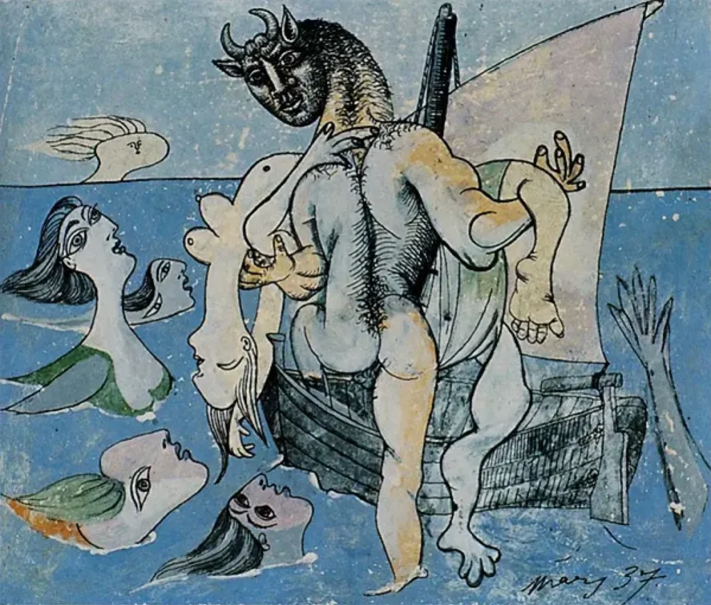 Minotaur: Pablo Picasso, Minotaure dans une barque sauvant une femme, 1937. Gagosian Gallery and Estate of Pablo Picasso.
