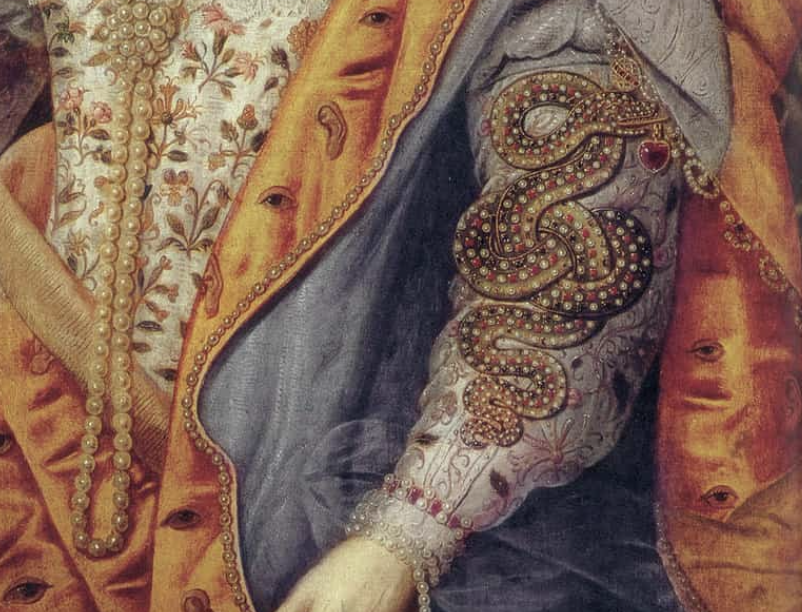 Elizabeth I Rainbow Portrait: Attributed to Marcus Gheeraerts the Younger, Elizabeth I (The Rainbow Portrait), 1602, Hatfield House, Hertfordshire, UK. Detail of sleeve.
