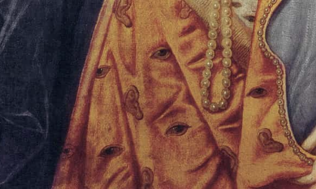 Elizabeth I Rainbow Portrait: Attributed to Marcus Gheeraerts the Younger, Elizabeth I (The Rainbow Portrait), 1602, Hatfield House, Hertfordshire, UK. Detail of the eyes and ears.
