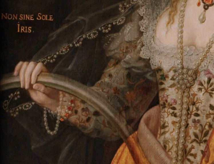 Elizabeth I Rainbow Portrait: Attributed to Marcus Gheeraerts the Younger, Elizabeth I (The Rainbow Portrait), 1602, Hatfield House, Hertfordshire, UK. Detail of inscription.
