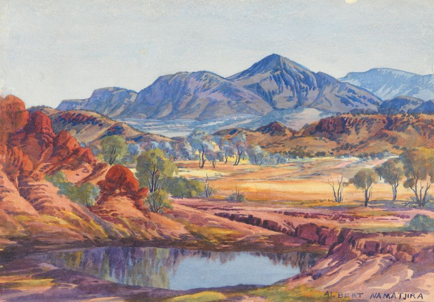 Australian artists: Albert Namatjira, Western Arrarnta people, Waterhole, MacDonnell Ranges, c.1950, National Gallery of Australia, Canberra, Australia.
