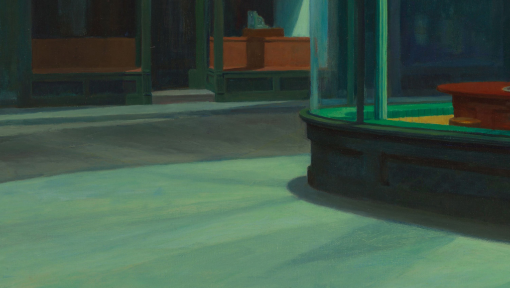 Nighthawks: Edward Hopper, Nighthawks, 1942, Art Institute of Chicago, Chicago, IL, USA. Detail.
