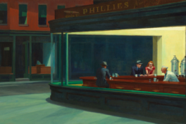 A painting showing four isolated individuals sitting in a diner on a deserted street corner in the late hours.