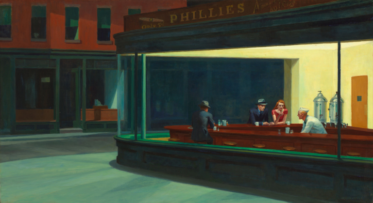 Nighthawks: Edward Hopper, Nighthawks, 1942, Art Institute of Chicago, USA. Source.
