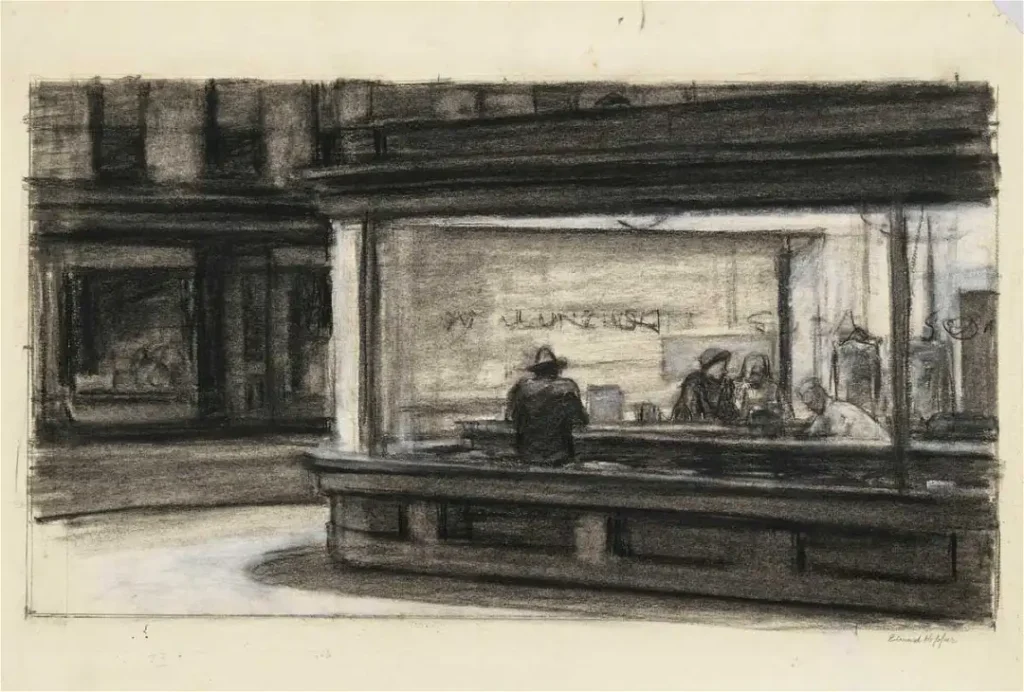 Nighthawks: Edward Hopper, Study of Nighthawks, 1941–1942, Whitney Museum of American Art, New York City, NY, USA. The Collector.
