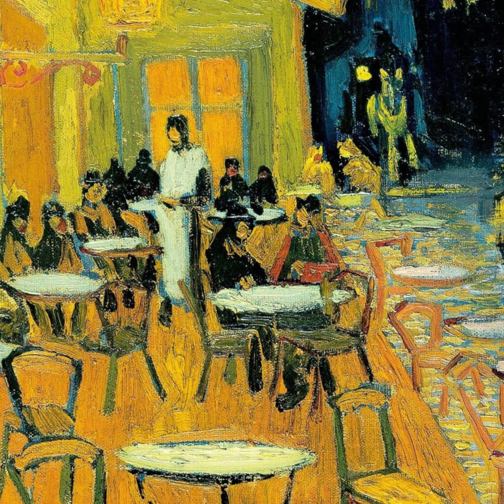 Van Gogh Terrace: Vincent van Gogh, Terrace of a Café at Night, 1888, Kröller-Müller Museum, Otterlo, Netherlands. Detail.
