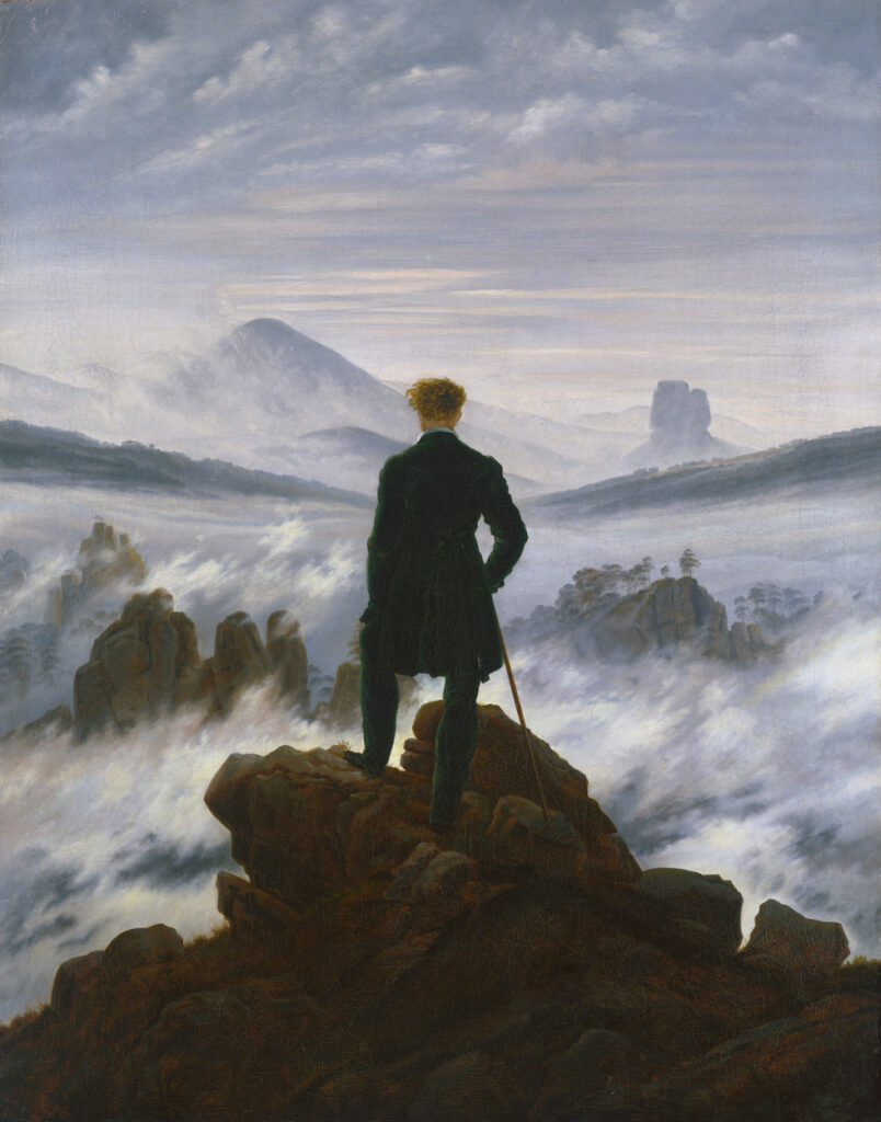 Clouds in Art: Caspar David Friedrich, Wanderer above the Sea of Fog, c. 1818, Hamburger Kunsthalle, Hamburg, Germany.
