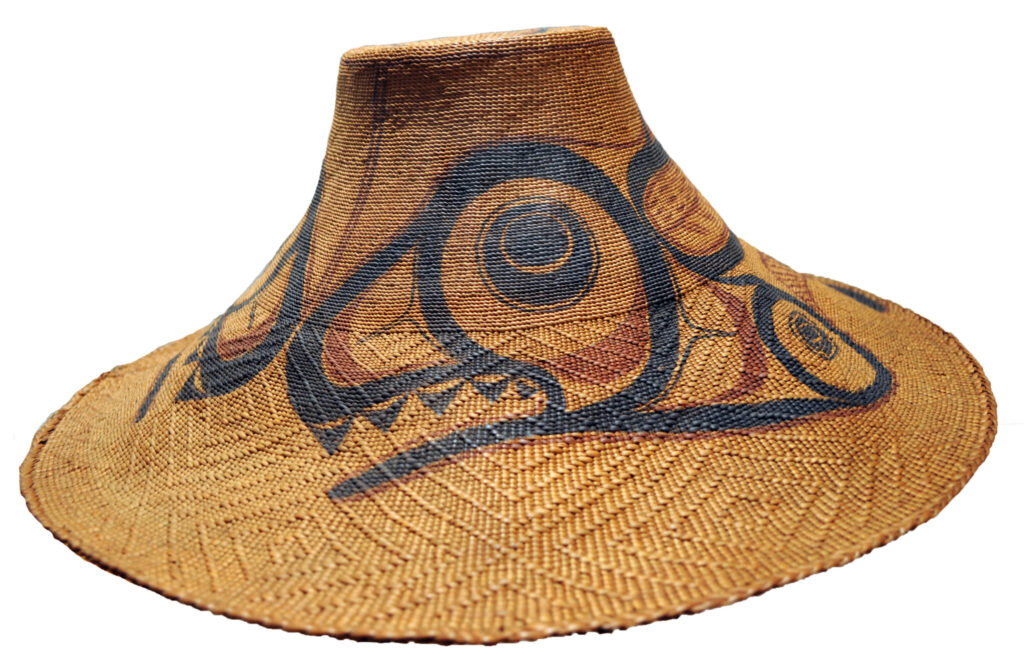 Charles Edenshaw: Isabella Edenshaw (weaver), Charles Edenshaw (painter), Spruce root hat with killerwhale crest, c. 1885, Seattle Art Museum, Seattle, WA, USA. Photo: Joe Mabel.
