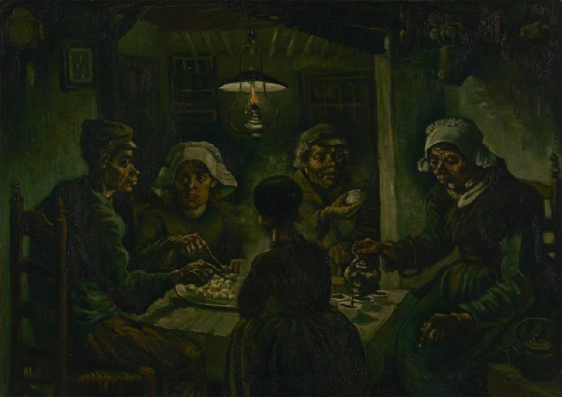 Van Gogh first self-portrait: Vincent van Gogh, The Potato Eaters, 1885, Van Gogh Museum, Amsterdam, Netherlands.
