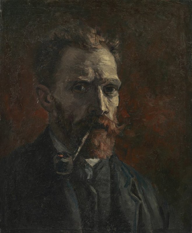 Van Gogh first self-portrait: Vincent Van Gogh, Self-Portrait with Pipe, 1886, Van Gogh Museum, Amsterdam, Netherlands.
