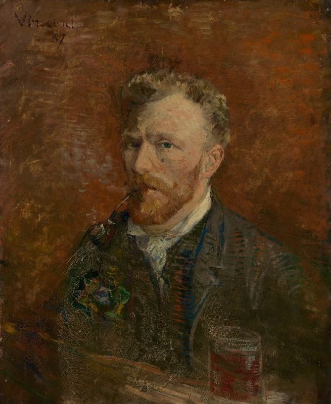 Van Gogh first self-portrait: Vincent van Gogh, Self-Portrait with Glass, 1887, Van Gogh Museum, Amsterdam, Netherlands.
