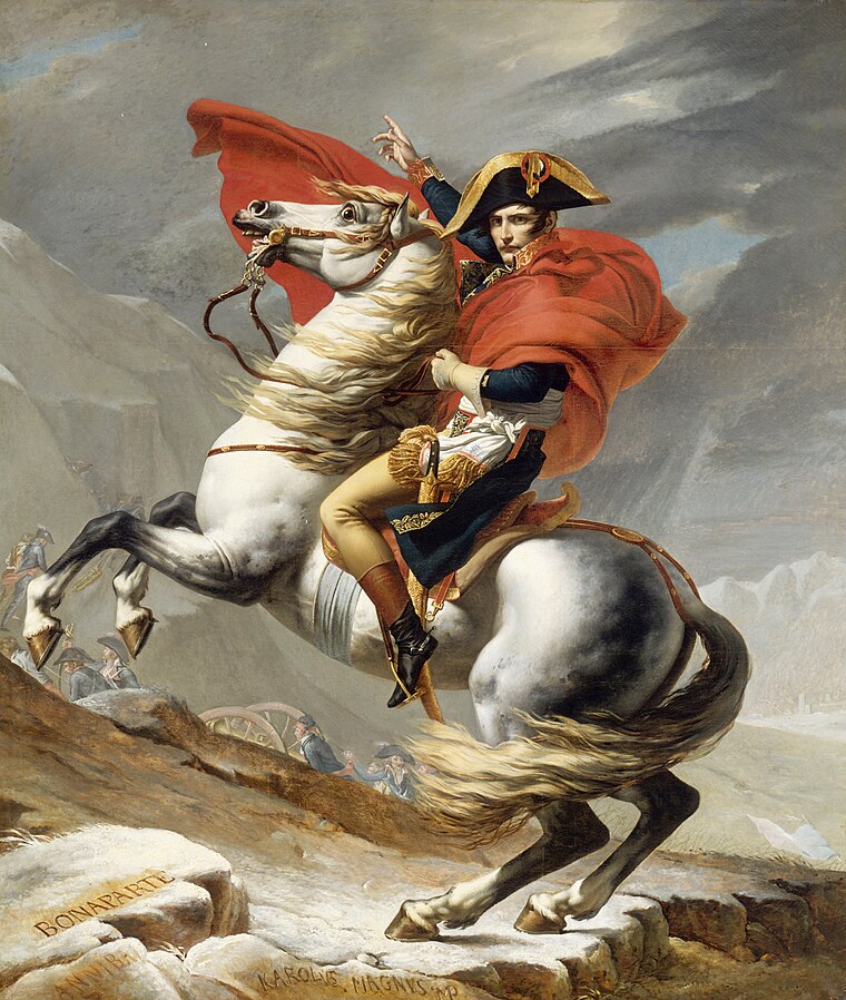 Jacques-Louis David French Revolution: Jacques-Louis David, Napoleon Crossing the Alps, 1802, Palace of Versailles, Versailles, France.
