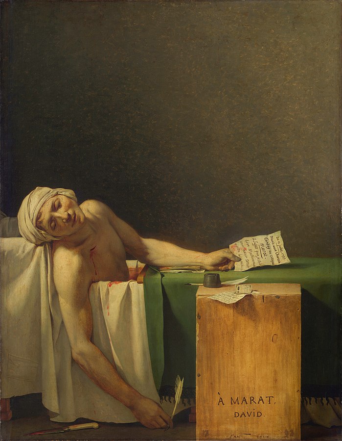 Jacques-Louis David French Revolution: Jacques-Louis David, The Death of Marat, 1793, Royal Museums of Fine Arts of Belgium, Brussels, Belgium.
