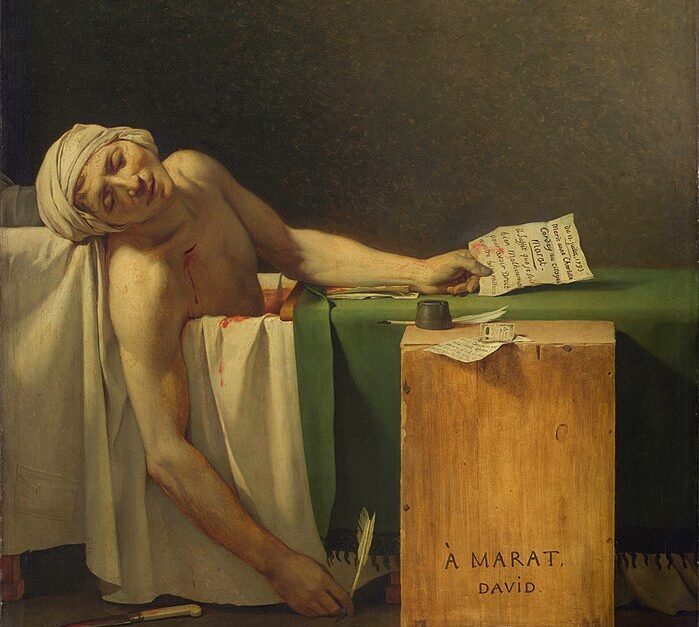 Jacques-Louis David French Revolution: Jacques-Louis David, Death of Marat, 1793, Royal Museums of Fine Arts of Belgium, Brussels, Belgium. Detail.
