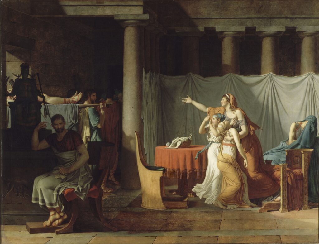 Jacques-Louis David French Revolution: Jacques-Louis David, The Lictors Bring to Brutus the Bodies of His Sons, 1789, Louvre, Paris, France.
