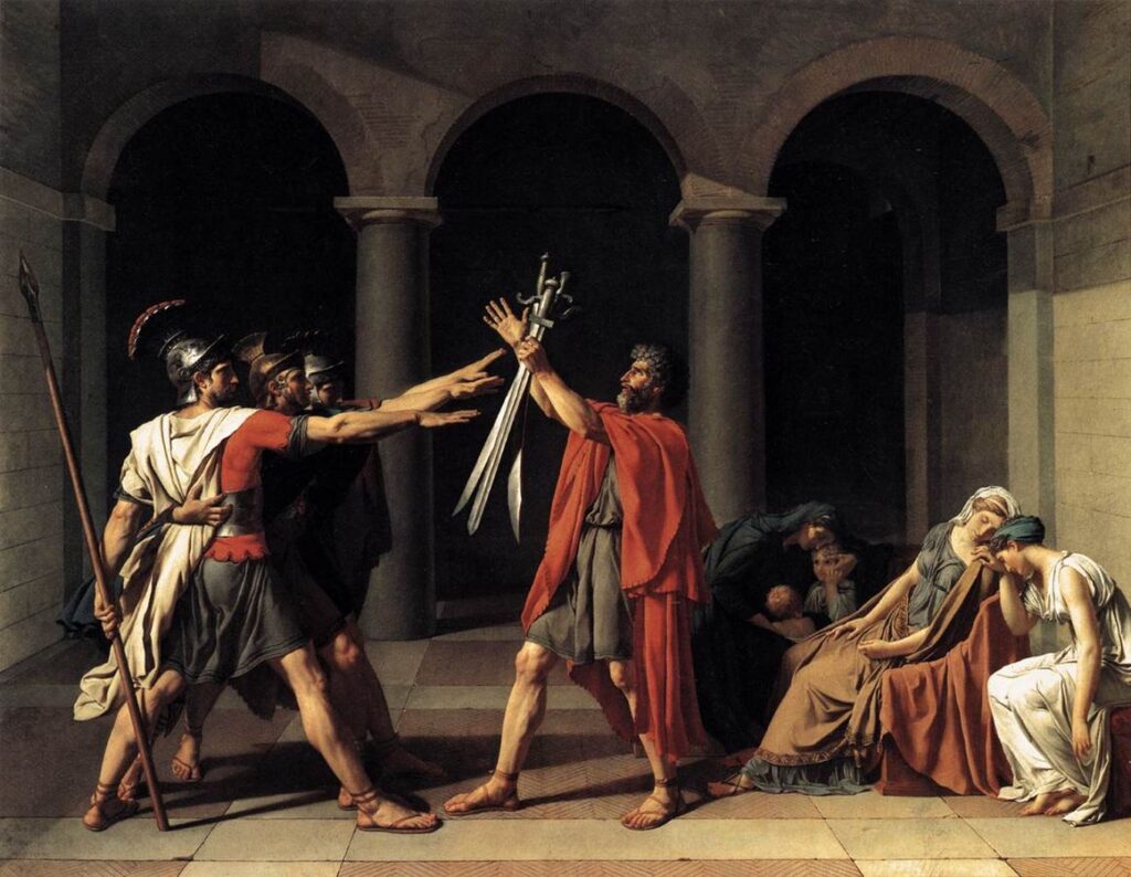 Jacques-Louis David French Revolution: Jacques-Louis David, The Oath of the Horatii, 1784, Louvre, Paris, France.
