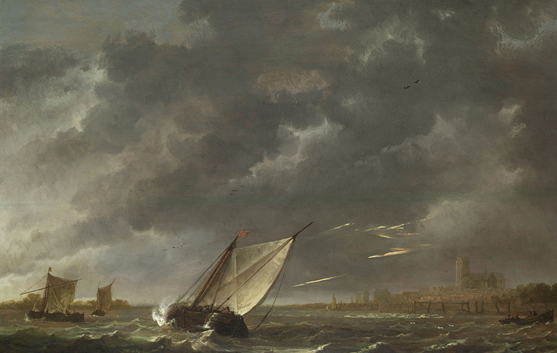 Clouds in Art: Aelbert Cuyp, The Maas at Dordrecht in a Storm, c. 1645–1650, National Gallery, London, UK.
