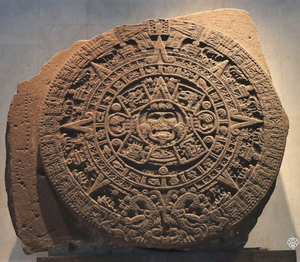 aztec art: Sun stone (Aztec calendar), 1479, National Museum of Anthropology, Mexico City, Mexico. Photograph by INA/El Sol de Mexico.
