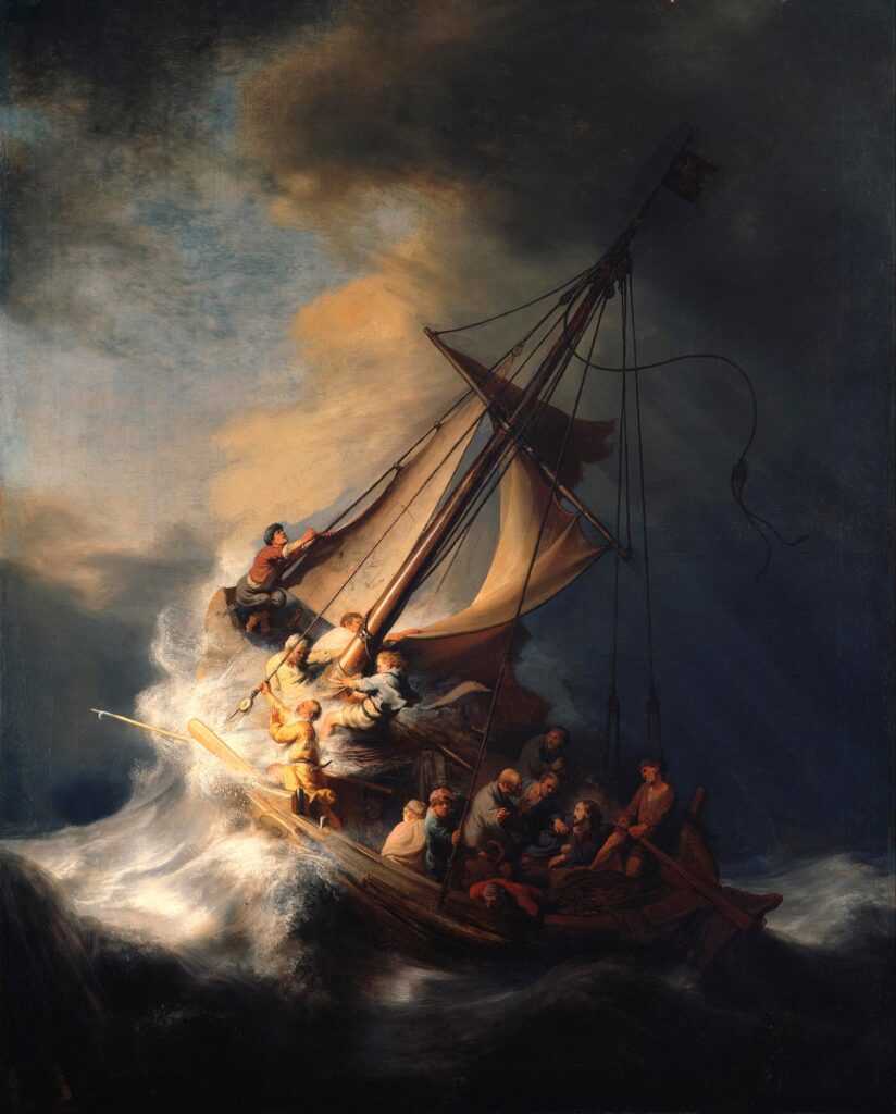 Rembrandt 10 paintings: Rembrandt van Rijn, The Storm on the Sea of Galilee, 1633, Isabella Stewart Gardner Museum, Boston, MA, USA. Wikimedia Commons (public domain).
