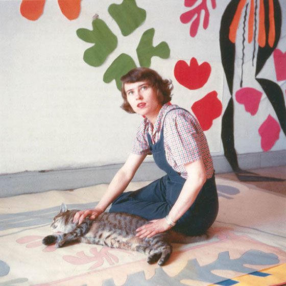 Henri Matisse cut-outs: Studio assistant Annelies Nelck with tracing of Apollo on the floor of the Hôtel Régina, c. 1953, Nice, France. © 2014 Succession H. Matisse. Museum of Modern Art.
