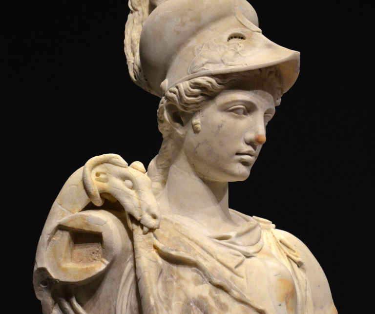 Athena in art: Statue of Athena wearing a Corinthian helmet, 180­-190 CE, Liebieghaus, Frankfurt, Germany, Photograph by Carole Raddato/WorldHistory. Detail.
