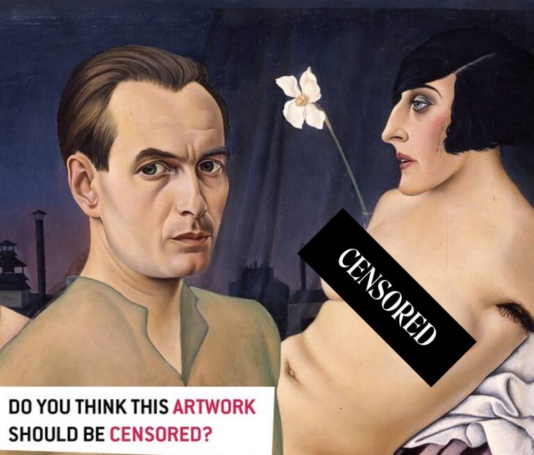 Art Censorship: Leopold Museum Instagram post using: Christian Schad, Self-Portrait with Model, 1927, Leopold Museum, Vienna, Austria. Censorship sign added by DailyArt Magazine.
