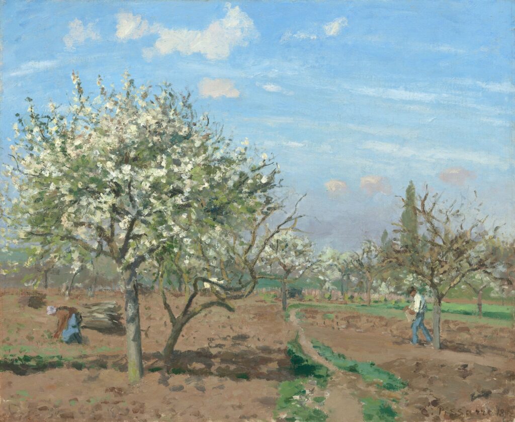 Clouds in Art: Camille Pissarro, Orchard in Bloom, 1872, National Gallery of Art, Washington, DC, USA.
