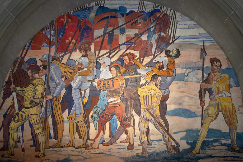 Ferdinand Hodler: Ferdinand Hodler, Retreat from Marignano, 1900, fresco on the west side of the Armory Hall, Swiss National Museum Zurich, Switzerland.
