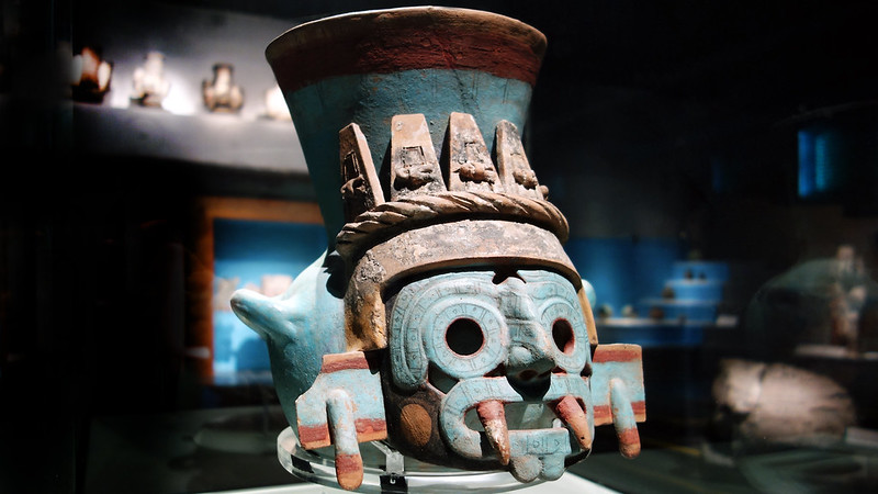 aztec art: Tlaloc vessel, 1440-1470, Templo Mayor Museum, Mexico City, Mexico. Photograph by Steven Zucker/Smarthistory via Flickr.
