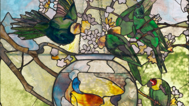 Louis Comfort Tiffany: Louis Comfort Tiffany, Parakeets and Goldfish Bowl, 1889, glass, lead, copper, bronze, Museum of Fine Arts, Boston, MA, USA. Detail.
