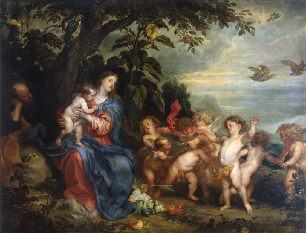 Anthony van Dyck: Anthony Van Dyck and Paul de Vos, Rest on the Flight into Egypt (Madonna with Partridges), 1632, Hermitage Museum, Saint Petersburg, Russia.
