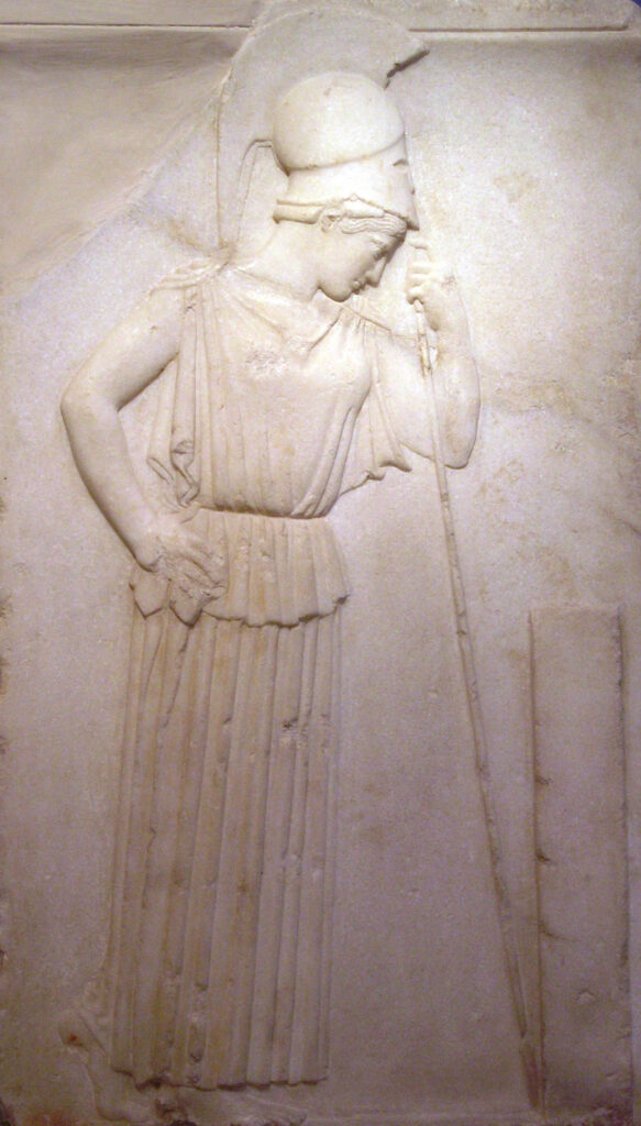 Athena in art: Contemplative Athena, 460 BCE, Acropolis Museum, Athens, Greece. Photograph by Marsyas via Wikimedia Commons (CC BY-SA 2.5).
