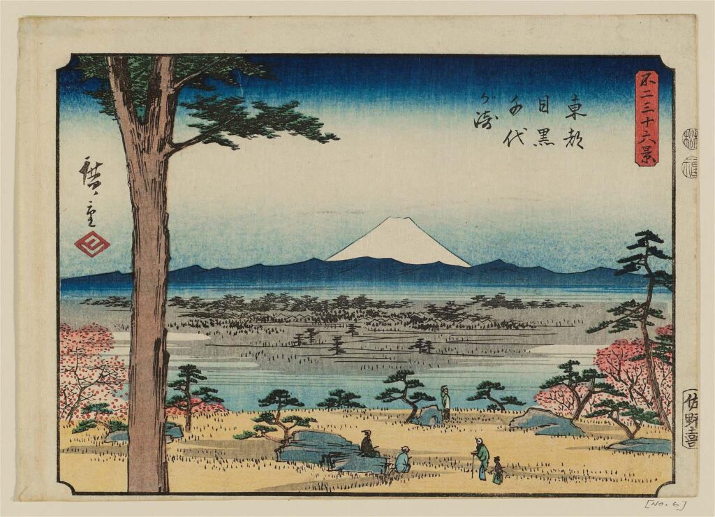 Hiroshige Thirty-Six Views of Mount Fuji: Utagawa Hiroshige, Chiyo Point at Meguro in Edo, View No. 29 from the series Thirty-Six Views of Mount Fuji, 1852, Museum of Fine Arts Boston, Boston, MA, USA.
