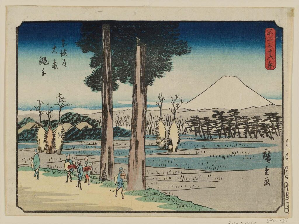 Hiroshige Thirty-Six Views of Mount Fuji: Utagawa Hiroshige, Nawate at Ōmori on the Tōkaidō, View No. 20 from the series Thirty-Six Views of Mount Fuji, 1852, Museum of Fine Arts Boston, Boston, MA, USA.
