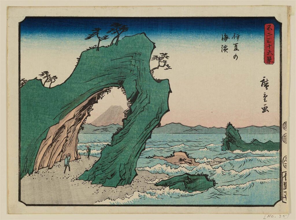 Hiroshige Thirty-Six Views of Mount Fuji: Utagawa Hiroshige, The Seashore in Izu Province, View No. 2 from the series Thirty-Six Views of Mount Fuji, 1852, Museum of Fine Arts Boston, Boston, MA, USA.
