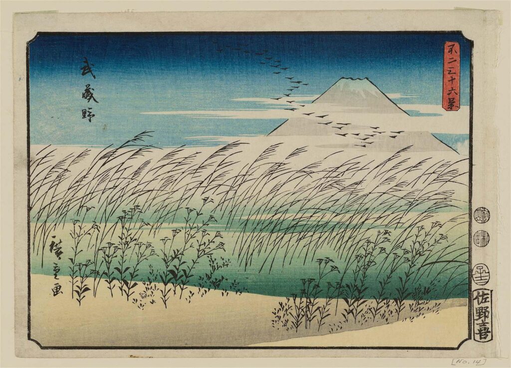 Hiroshige Thirty-Six Views of Mount Fuji: Utagawa Hiroshige, Musashi Plain, View No. 35 from the series Thirty-Six Views of Mount Fuji, 1852, Museum of Fine Arts Boston, Boston, MA, USA.
