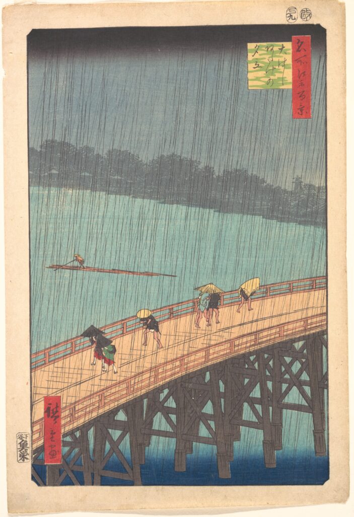 Hiroshige Thirty-Six Views of Mount Fuji: Utagawa Hiroshige, Sudden Shower over Shin-Ōhashi Bridge and Atake from the series One Hundred Famous Views of Edo, 1857, Metropolitan Museum of Art, New York City, NY, USA.
