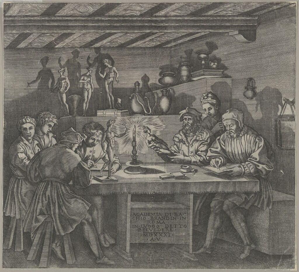 renaissance workshop: Agostino Veneziano, Baccio Bandinelli in his studio holding a statuette of Venus, students sketching from a model by candlelight, 1531, Metropolitan Museum of Art, New York City, NY, USA.
