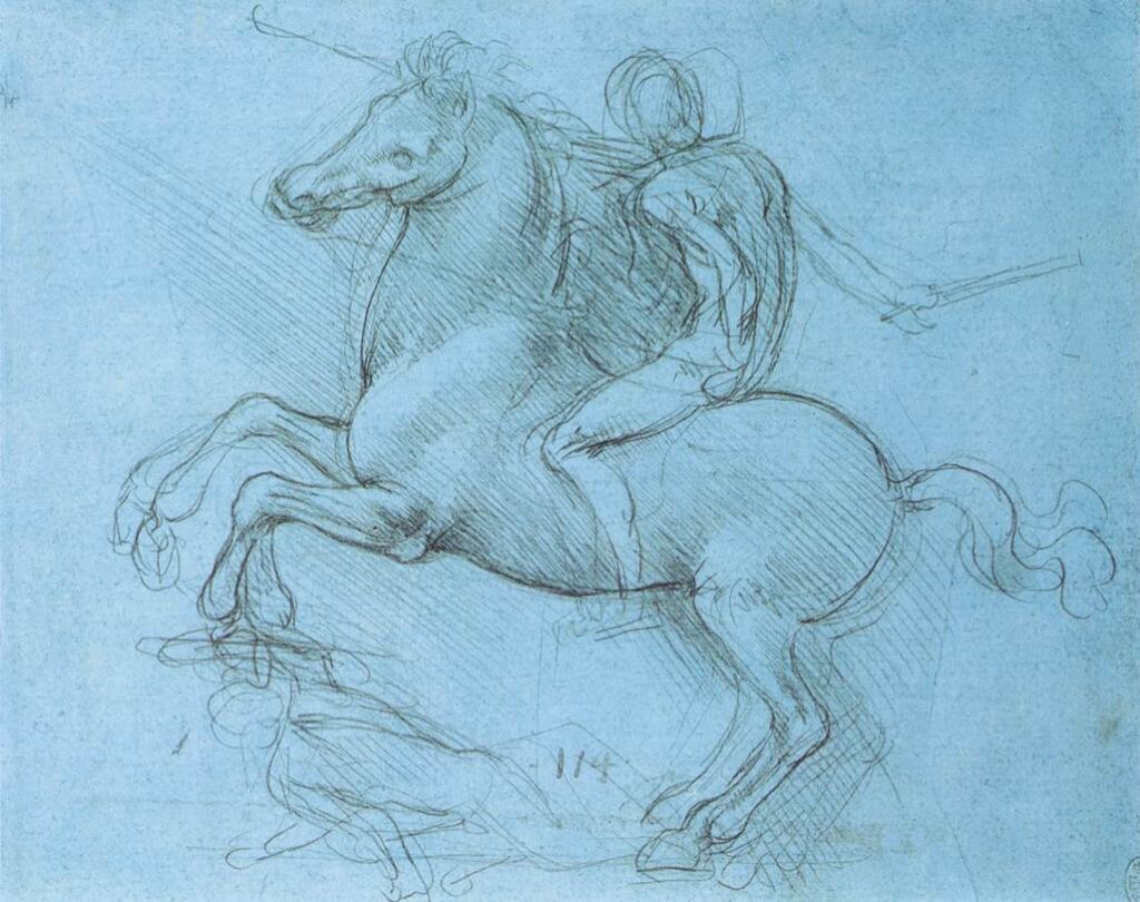 renaissance workshop: Leonardo da Vinci, Study for the Sforza Monument, 1488-1489, The Royal Collection, London, UK.
