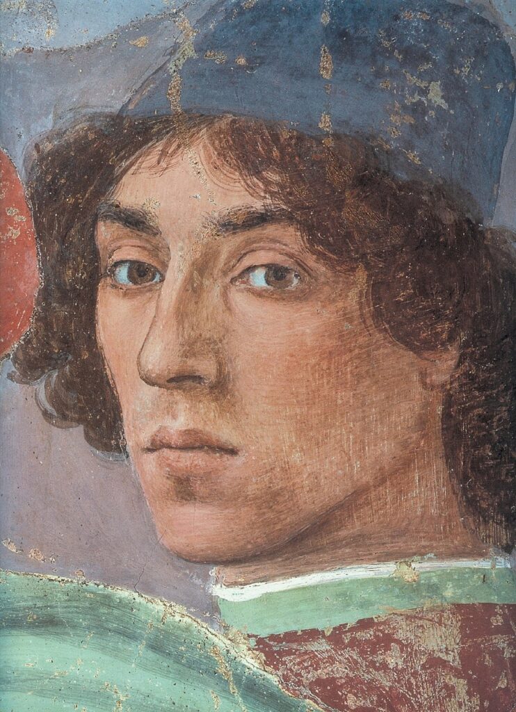 renaissance workshop: Filippino Lippi, Self-Portrait (detail from The Dispute with Simon Magus), 1481-1482, Santa Maria del Carmine, Florence, Italy.
