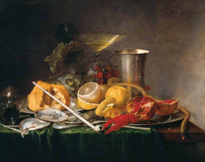 lemons in art: Jan Davidsz. de Heem, Still life, Breakfast with Wine Glass and Goudse Pipe, 1642, Residenzgalerie, Salzburg, Austria.
