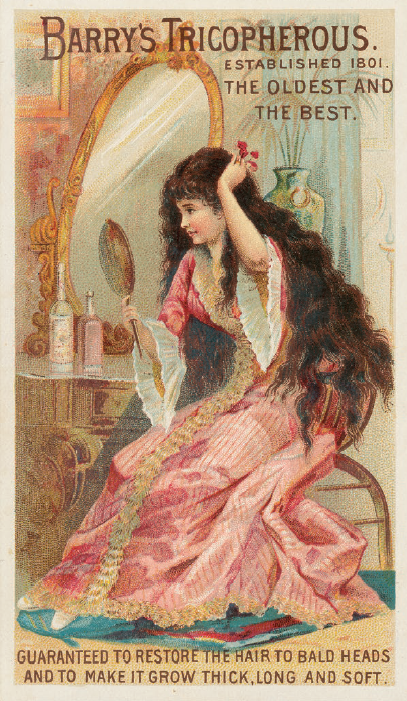 beyond vanity elizabeth block: Barry’s Tricopherous trade card, late 19th century, chromolithograph, Boston Public Library, Boston, MA, USA. Elizabeth L. Block, Beyond Vanity, The History and Power of Hairdressing, 2024, MIT Press.
