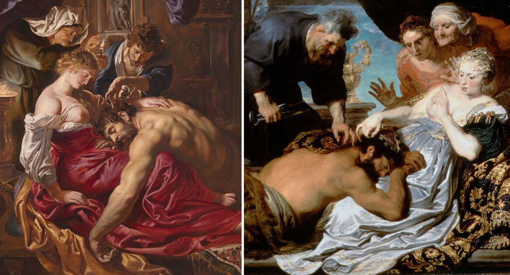 Anthony van Dyck: Left: Detail, Peter Paul Rubens, Samson and Delilah, 1609-1610, National Gallery, London, UK. Detail; Right: Anthony van Dyck, Samson and Delilah, 1618-1620, Dulwich Picture Gallery, London, UK. Detail.
