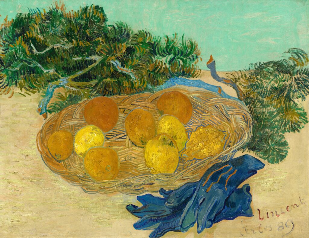 lemons in art: Vincent Van Gogh, Still life of Oranges and Lemons with Blue Gloves, 1889, National Gallery of Art, Washington, DC, USA.
