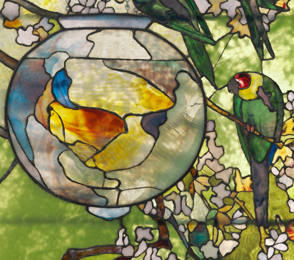 Louis Comfort Tiffany: Louis Comfort Tiffany, Parakeets and Goldfish Bowl, 1889, Museum of Fine Arts, Boston, MA, USA. Detail.
