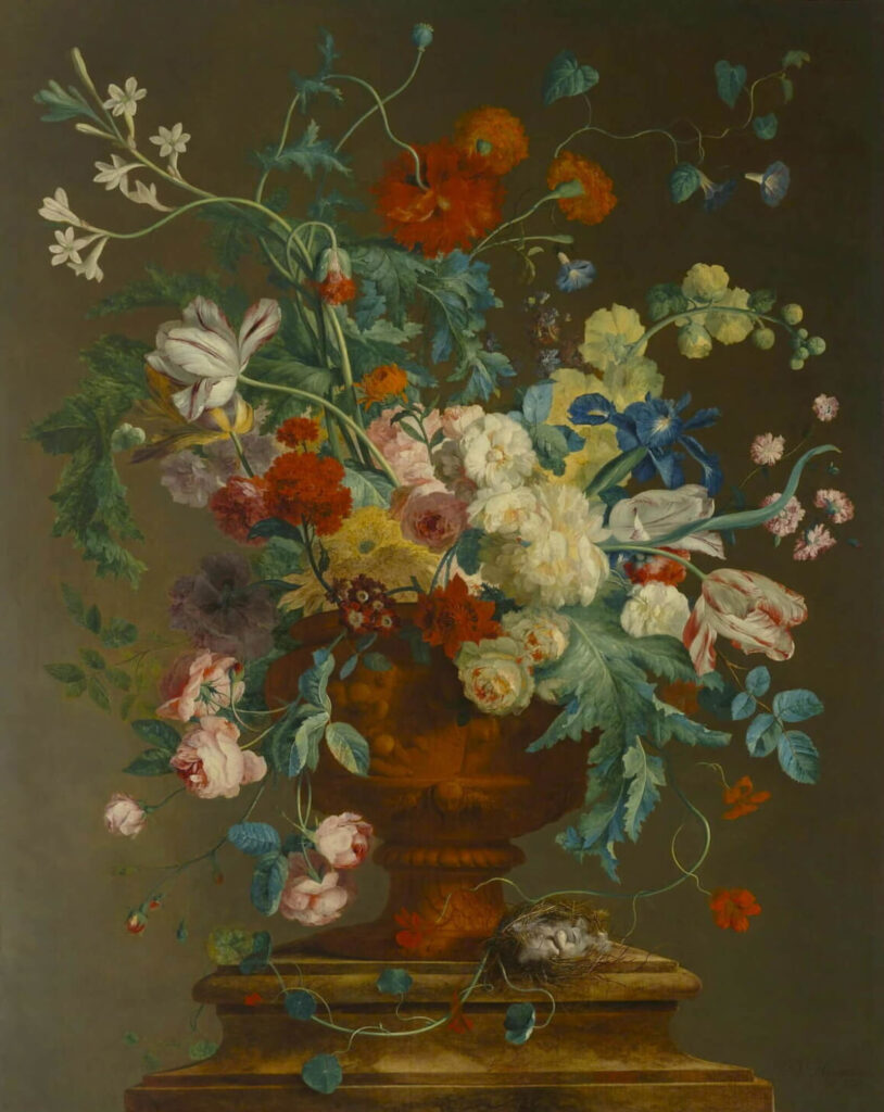 Jan van Huysum: Jan van Huysum, Grand Vase orné de putti et rempli de fleurs de différentes espèces, posé sur un piédestal de marbre, ca. 1730, Louvre, Paris, France.
