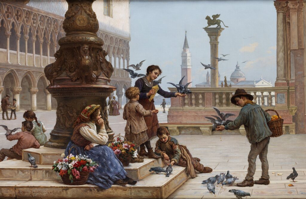 Venice: Antonio Paoletti, Children Feeding Pigeons in Venice, private collection.
