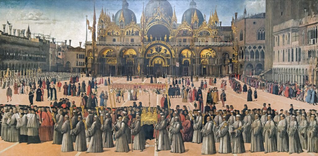 Venice: Gentile Bellini, Procession in St. Mark’s Square, ca. 1496. Gallerie dell’Accademia, Venice, Italy.
