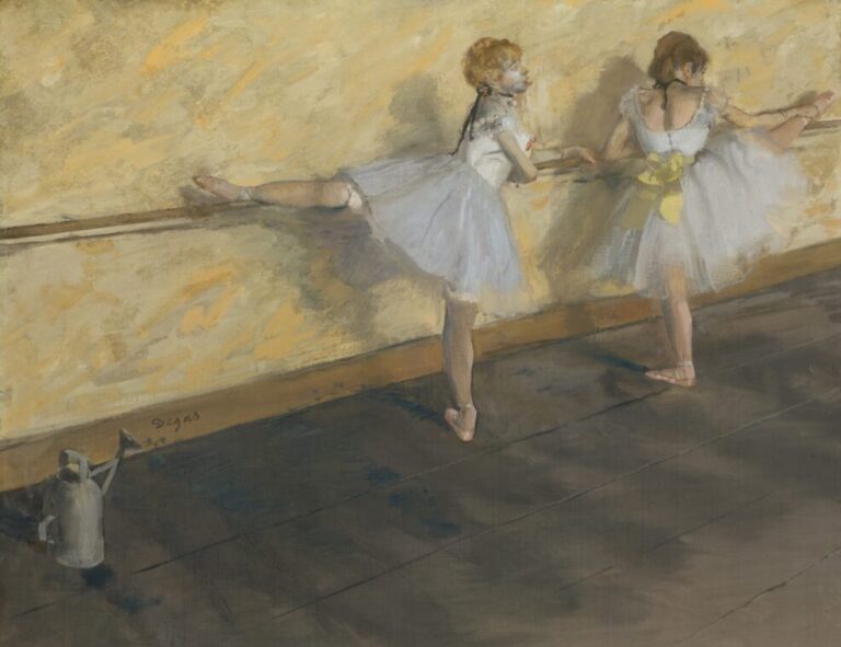 Edgar Degas: Edgar Degas, Dancers Practicing at the Barre, 1877, Metropolitan Museum of Art, New York City, NY, USA. Detail.
