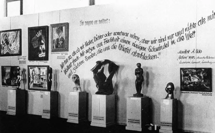 Degenerate Art exhibition: Degenerate Art exhibition, view of the third room on the upper floor, July 1937. Photograph by Georg Schödl.
